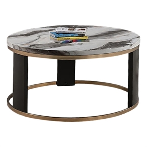 Besy Coffee Table- 36 Inch White Faux Marble- Gold Ring Base- Black
