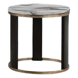 Besy Side End Table- 24 Inch White Faux Marble- Gold Ring Base- Black