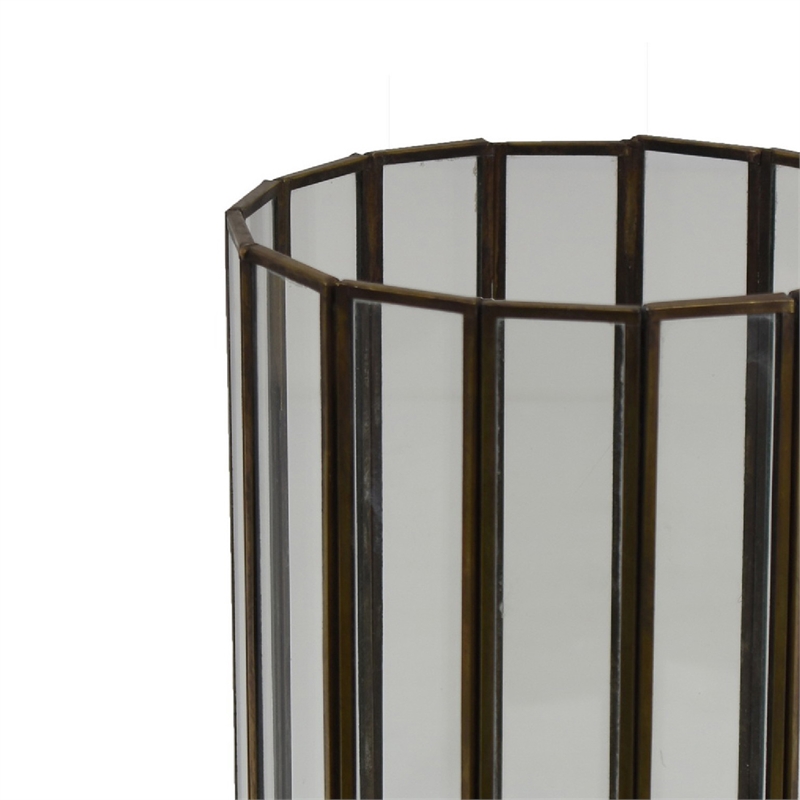 Bonie 7in Glass Hurricane Candle Holder with Paneled Frame- Bronze Metal