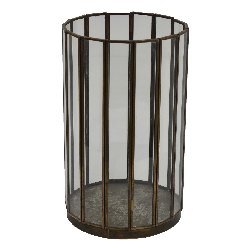 Bonie 7in Glass Hurricane Candle Holder with Paneled Frame- Bronze Metal