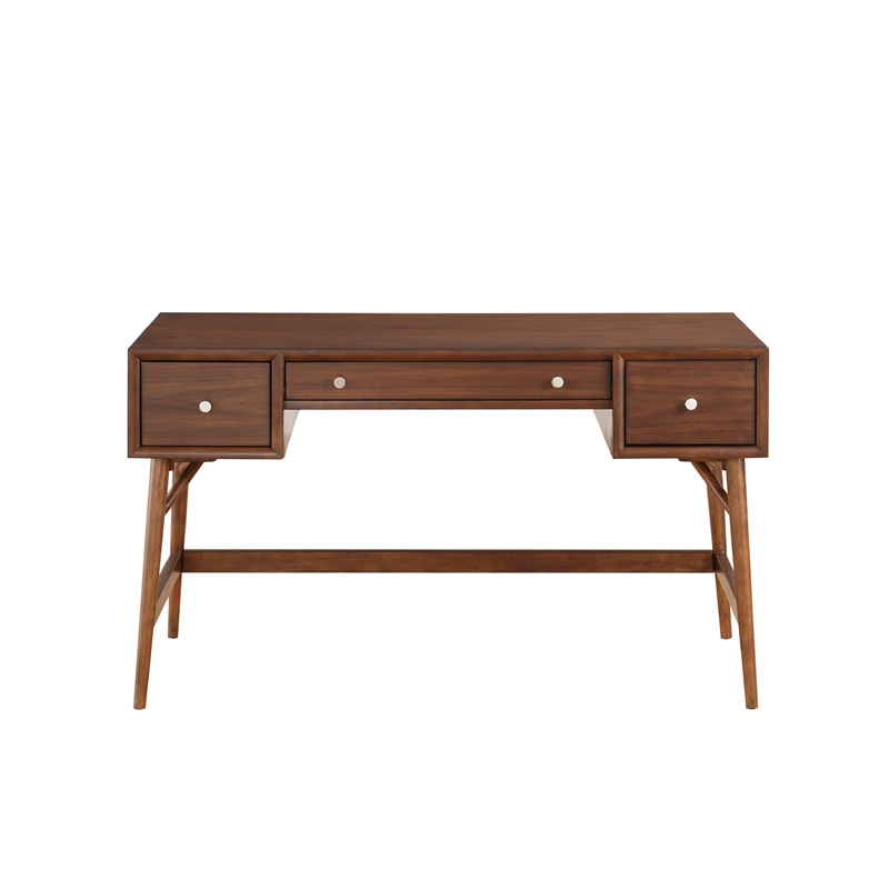 Writing Desk- 3 Drawers- Trestle w Stretcher- Nickel Knobs- Brown 51 Inch