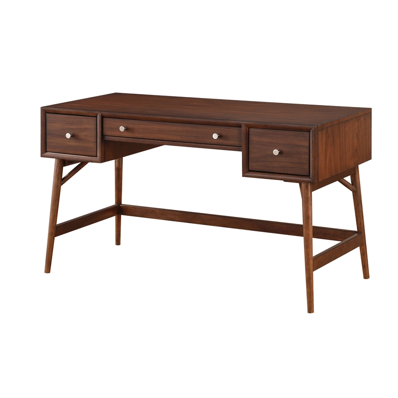 Writing Desk- 3 Drawers- Trestle w Stretcher- Nickel Knobs- Brown 51 Inch