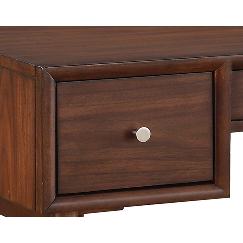 Writing Desk- 3 Drawers- Trestle w Stretcher- Nickel Knobs- Brown 51 Inch