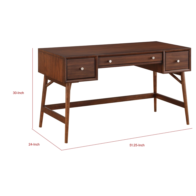 Writing Desk- 3 Drawers- Trestle w Stretcher- Nickel Knobs- Brown 51 Inch
