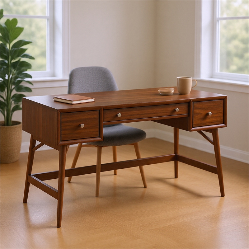 Writing Desk- 3 Drawers- Trestle w Stretcher- Nickel Knobs- Brown 51 Inch