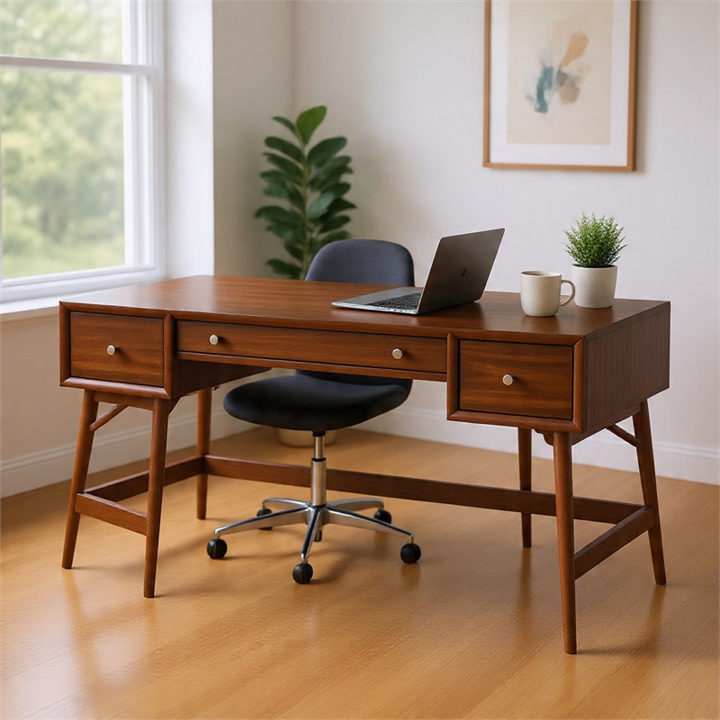 Writing Desk- 3 Drawers- Trestle w Stretcher- Nickel Knobs- Brown 51 Inch