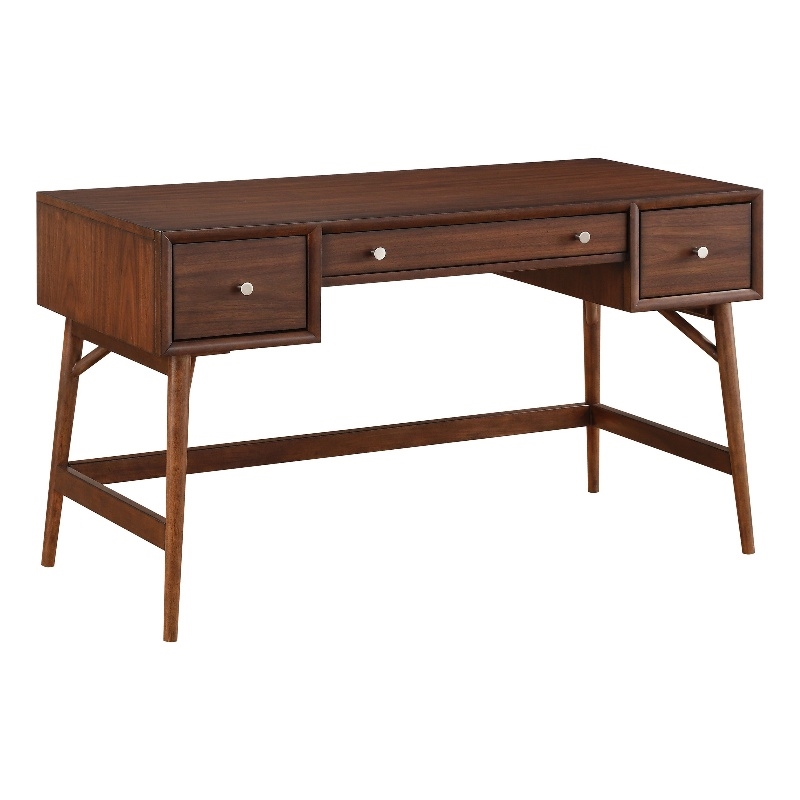 Writing Desk- 3 Drawers- Trestle w Stretcher- Nickel Knobs- Brown 51 Inch