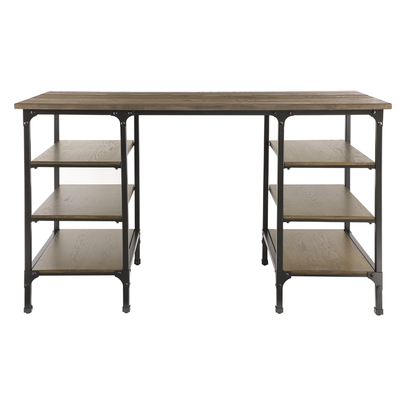 Meza Counter Height Writing Desk- 6 Shelves- Brown- Black Metal 60 Inch