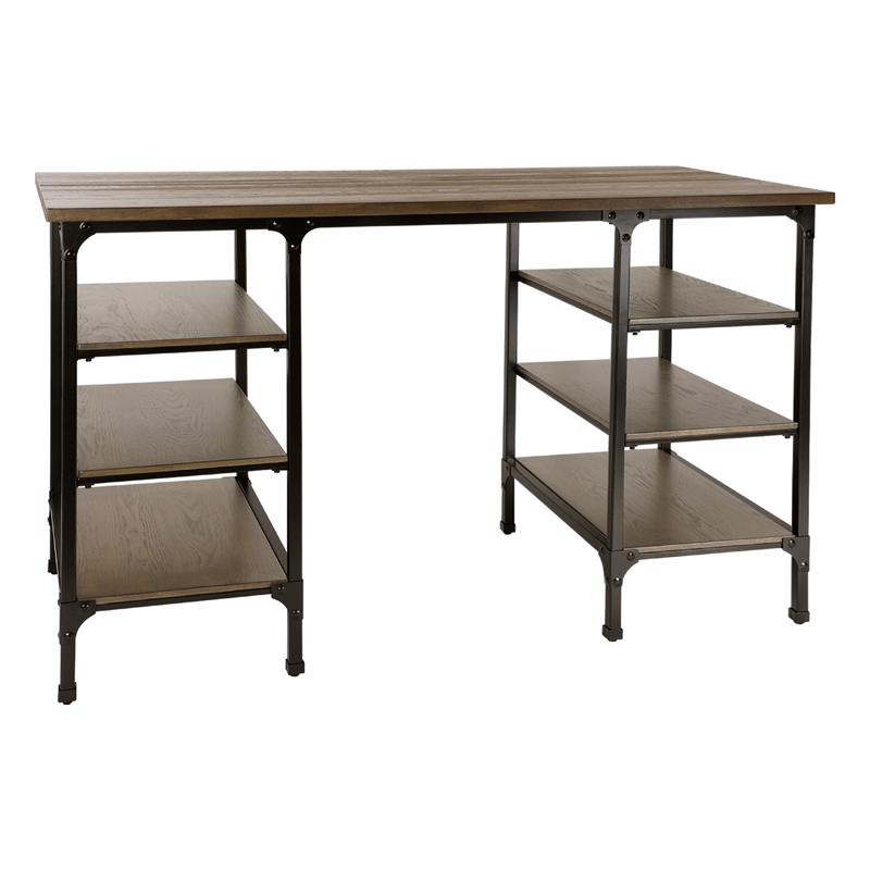 Meza Counter Height Writing Desk- 6 Shelves- Brown- Black Metal 60 Inch