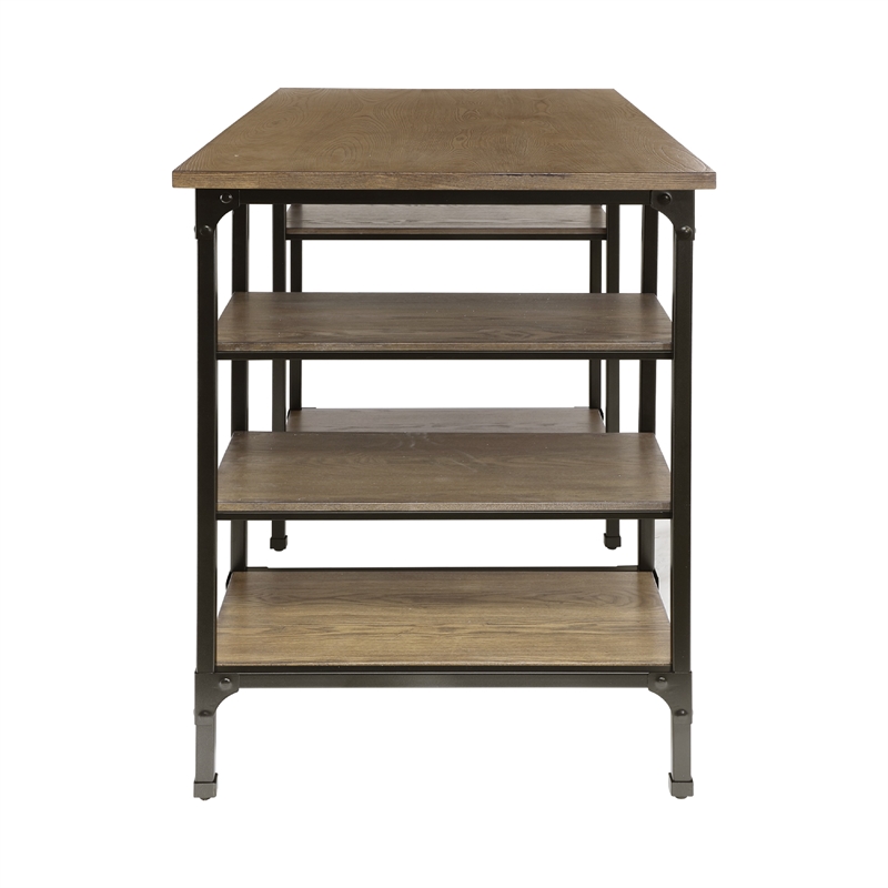 Meza Counter Height Writing Desk- 6 Shelves- Brown- Black Metal 60 Inch