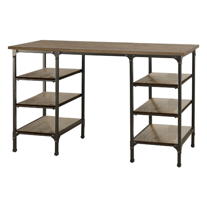 Meza Counter Height Writing Desk- 6 Shelves- Brown- Black Metal 60 Inch