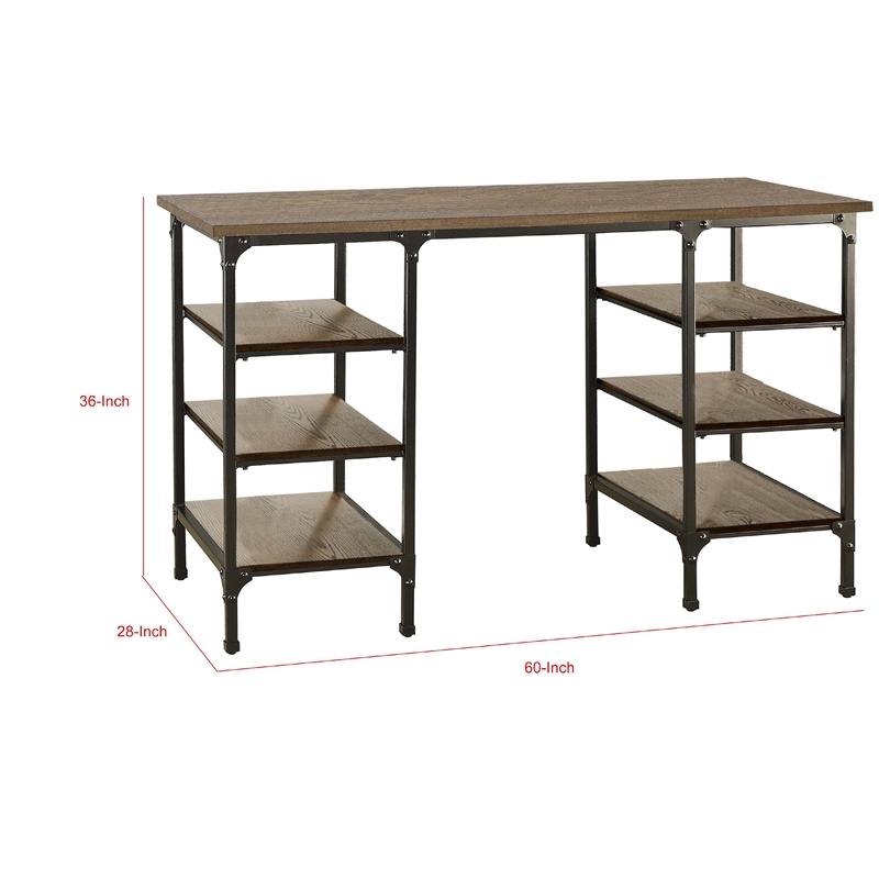 Meza Counter Height Writing Desk- 6 Shelves- Brown- Black Metal 60 Inch