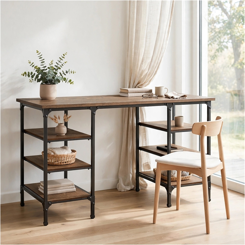 Meza Counter Height Writing Desk- 6 Shelves- Brown- Black Metal 60 Inch