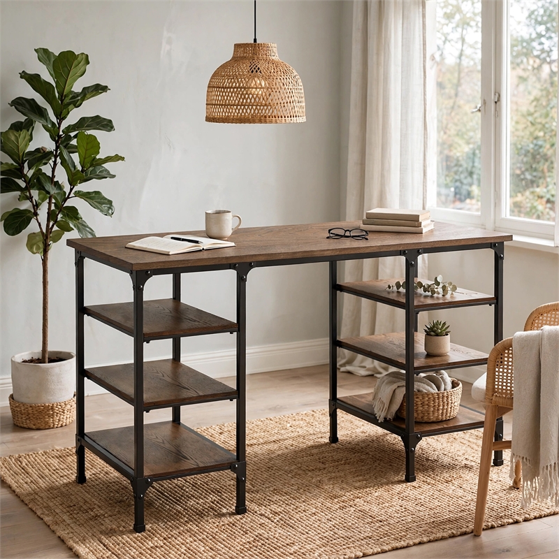Meza Counter Height Writing Desk- 6 Shelves- Brown- Black Metal 60 Inch
