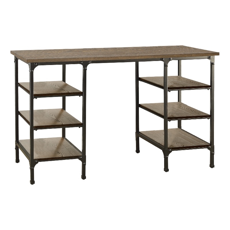 Meza Counter Height Writing Desk- 6 Shelves- Brown- Black Metal 60 Inch
