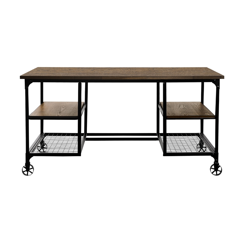Meza Writing Desk w Casters- 4 Shelves- Brown Wood- Black Metal 60 Inch