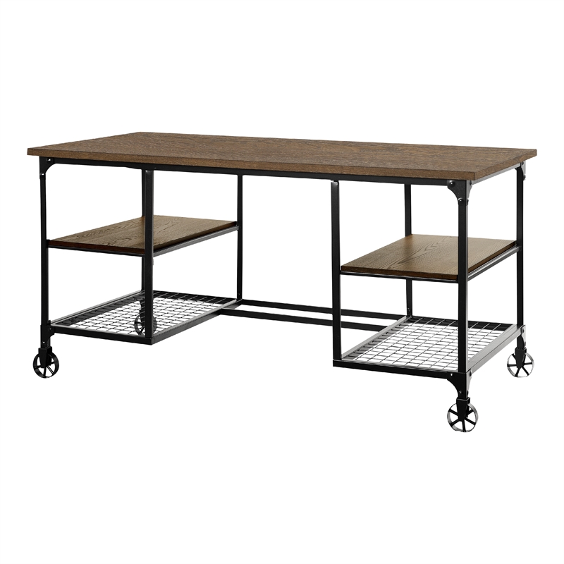 Meza Writing Desk w Casters- 4 Shelves- Brown Wood- Black Metal 60 Inch