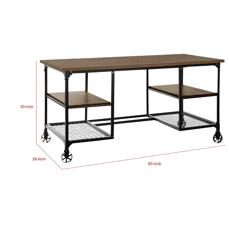 Meza Writing Desk w Casters- 4 Shelves- Brown Wood- Black Metal 60 Inch