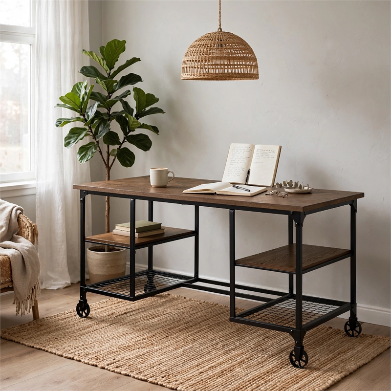 Meza Writing Desk w Casters- 4 Shelves- Brown Wood- Black Metal 60 Inch