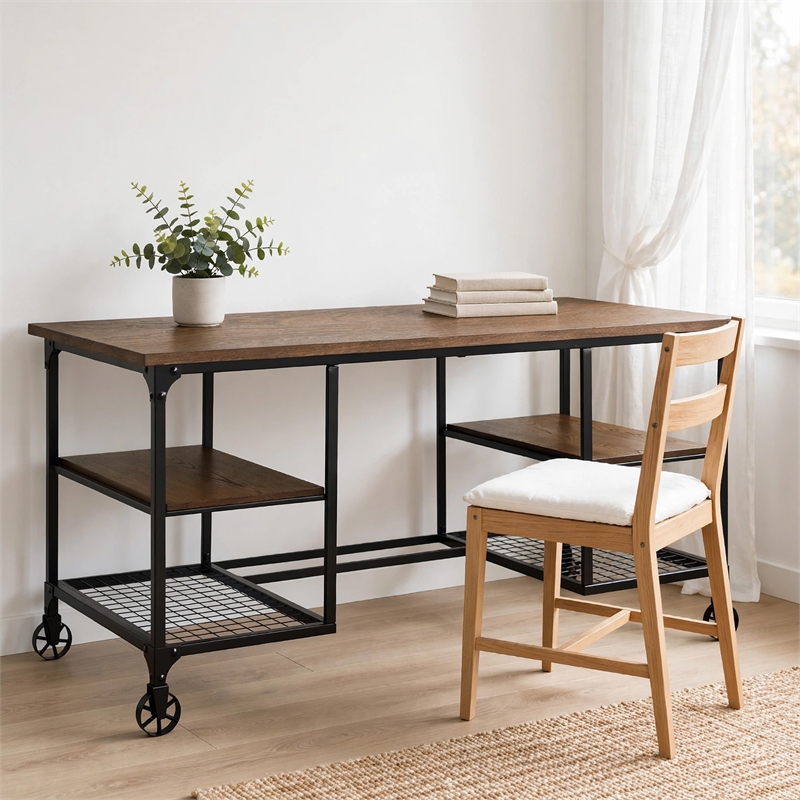 Meza Writing Desk w Casters- 4 Shelves- Brown Wood- Black Metal 60 Inch