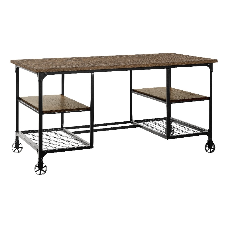 Meza Writing Desk w Casters- 4 Shelves- Brown Wood- Black Metal 60 Inch