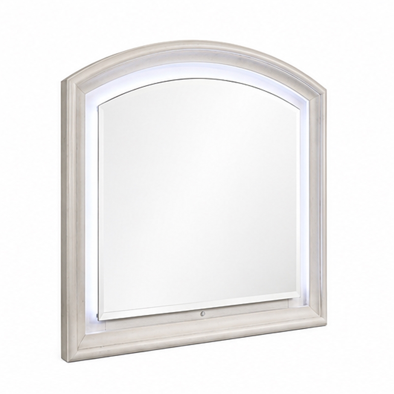 Remy Vanity Dresser Mirror w LED- Arched Frame- Antique White- 35x44