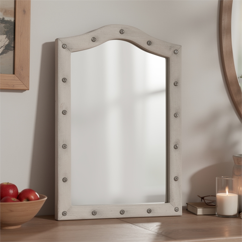 Rex Dresser Mirror- Beige Upholstery- Crystal Accent Camelback Frame- 22x30