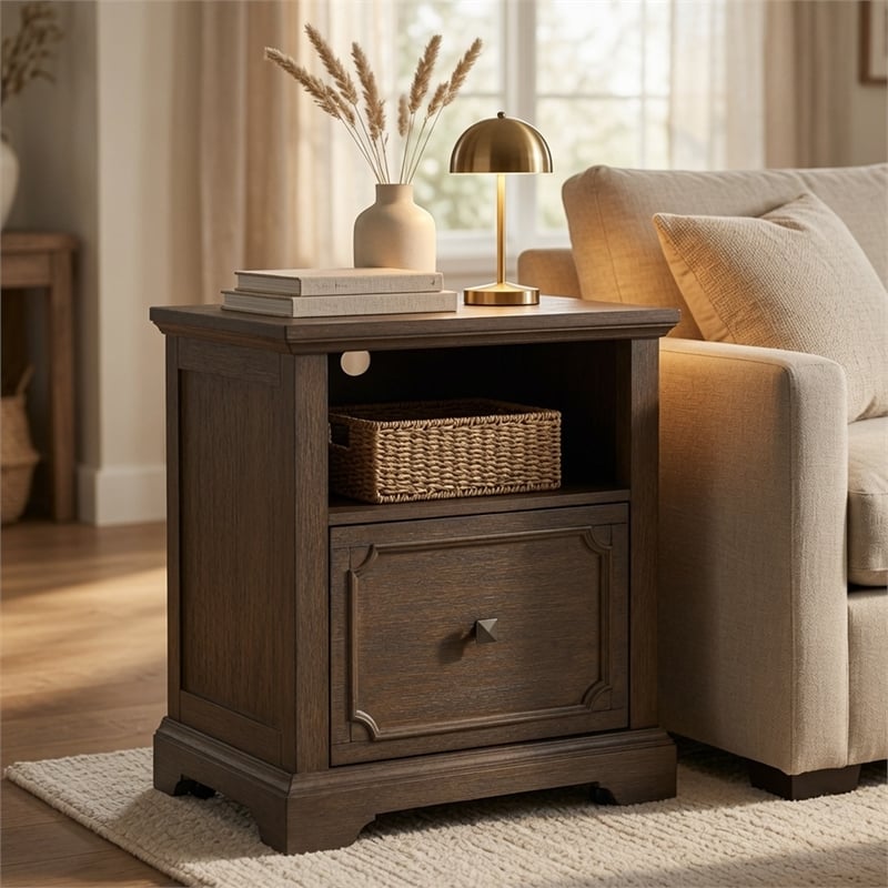 Tola Mobile File Cabinet- 1 Open Shelf and Drawer- Dark Oak Brown 28 Inch