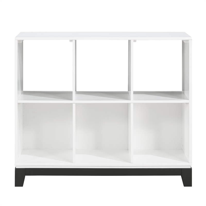 Gare Bookcase-  6 Cubby Shelves- White Wood Frame- Black Base 40 Inch