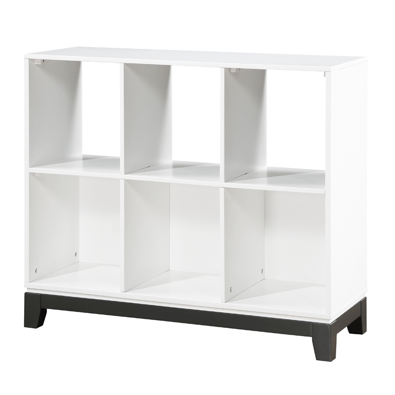 Gare Bookcase-  6 Cubby Shelves- White Wood Frame- Black Base 40 Inch
