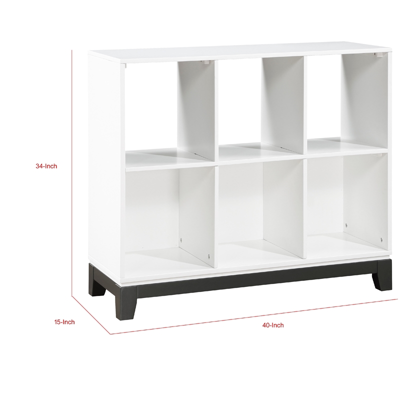 Gare Bookcase-  6 Cubby Shelves- White Wood Frame- Black Base 40 Inch
