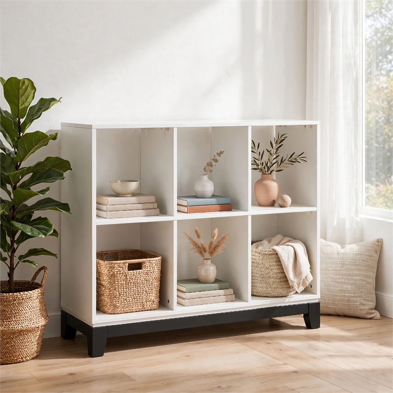 Gare Bookcase-  6 Cubby Shelves- White Wood Frame- Black Base 40 Inch