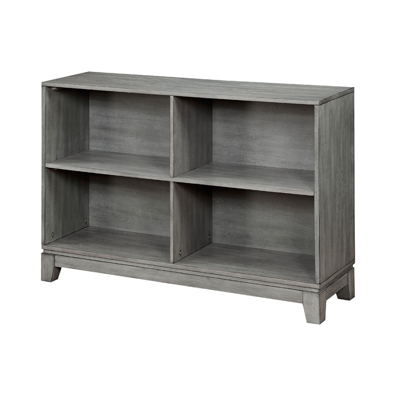 Gare Bookcase  4 Cubby Shelves- Low Profile- Rustic Gray Wood 43 Inch