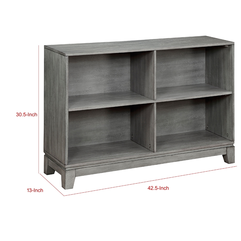 Gare Bookcase  4 Cubby Shelves- Low Profile- Rustic Gray Wood 43 Inch