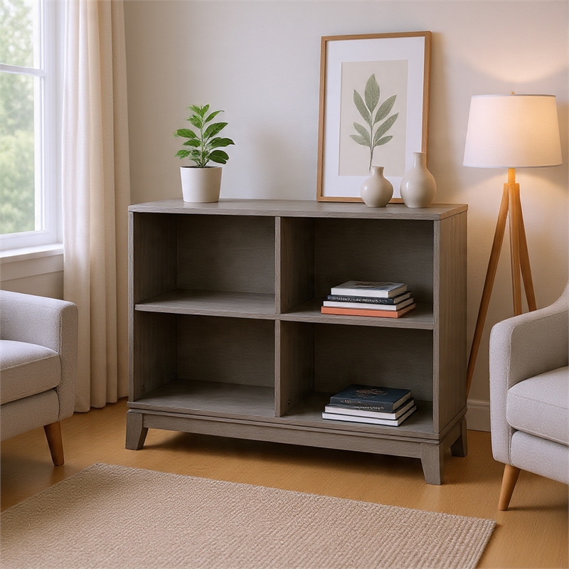Gare Bookcase  4 Cubby Shelves- Low Profile- Rustic Gray Wood 43 Inch