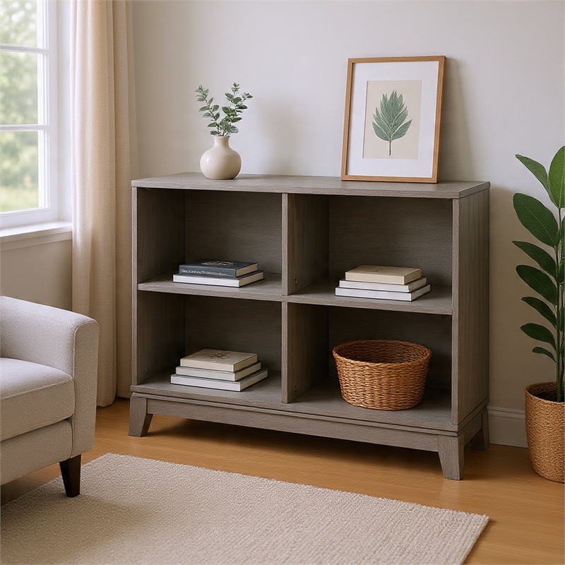 Gare Bookcase  4 Cubby Shelves- Low Profile- Rustic Gray Wood 43 Inch