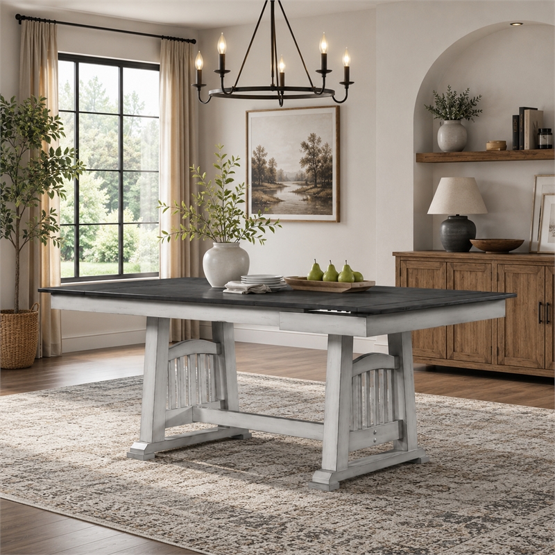 Chavi Dining Table w 2 Leaves- Antique White Trestle- Gray 66-94 Inch