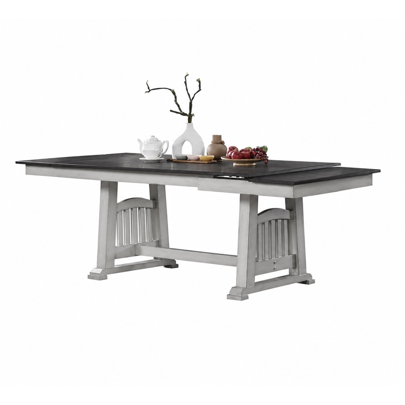 Chavi Dining Table w 2 Leaves- Antique White Trestle- Gray 66-94 Inch
