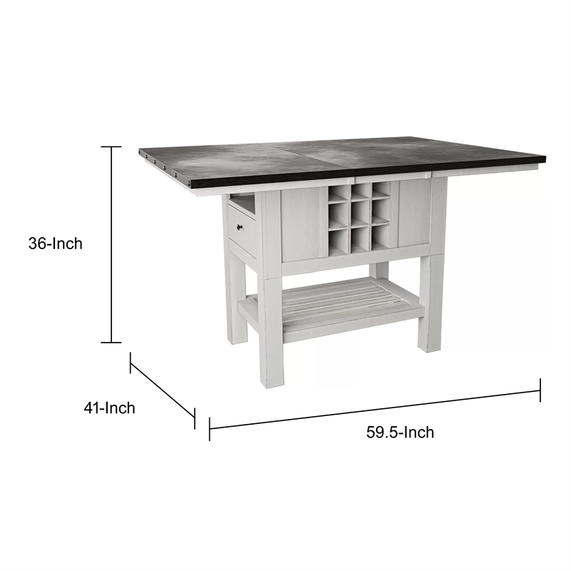 Chavi Counter Table w Leaf- 1 Drawer- Antique White- Gray 60-78 Inch