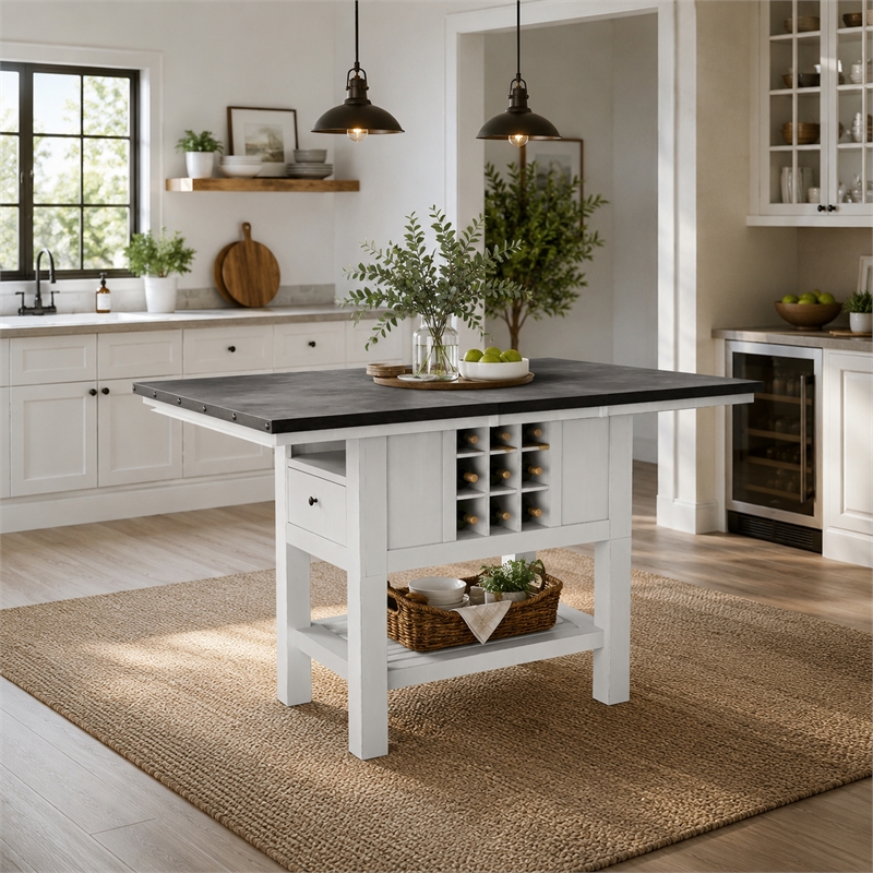 Chavi Counter Table w Leaf- 1 Drawer- Antique White- Gray 60-78 Inch