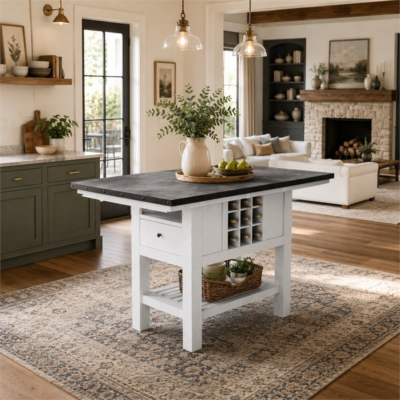 Chavi Counter Table w Leaf- 1 Drawer- Antique White- Gray 60-78 Inch