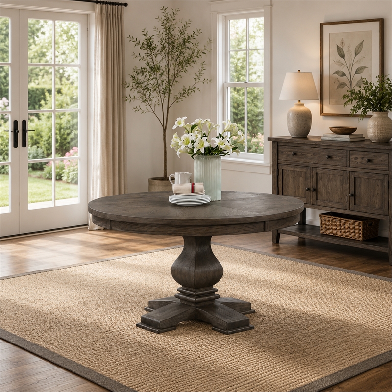 Gemi Dining Table- Chevron Top- Pedestal Base- Oak Brown 54 Inch Round