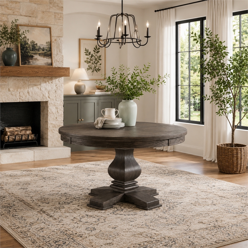 Gemi Dining Table- Chevron Top- Pedestal Base- Oak Brown 54 Inch Round