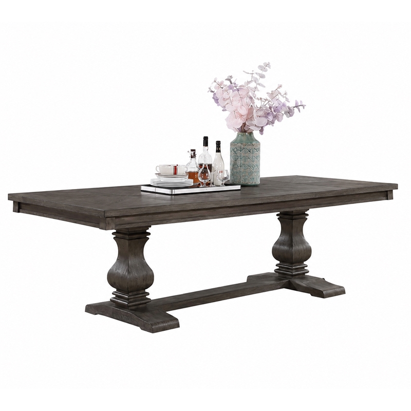 Gemi Dining Table- Chevron Top- Double Pedestal- Oak Brown 76-94 Inch
