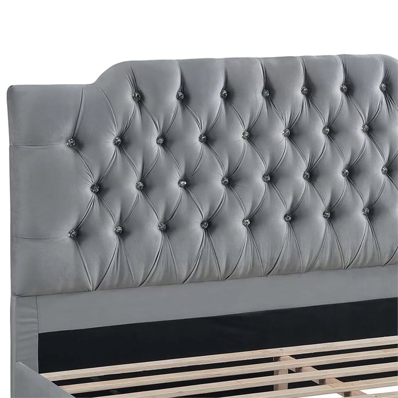 Yuko Full Platform Bed- Tufted Gray Velvet Upholstery- Espresso Brown