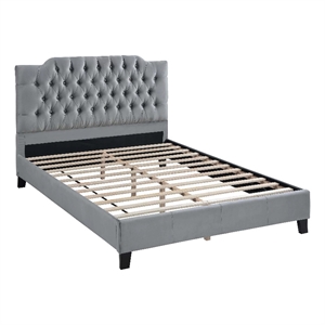 Yuko Full Platform Bed- Tufted Gray Velvet Upholstery- Espresso Brown