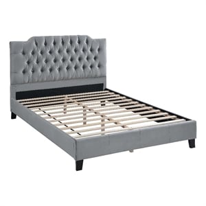 Yuko Queen Platform Bed- Tufted Gray Velvet Upholstery- Espresso Brown