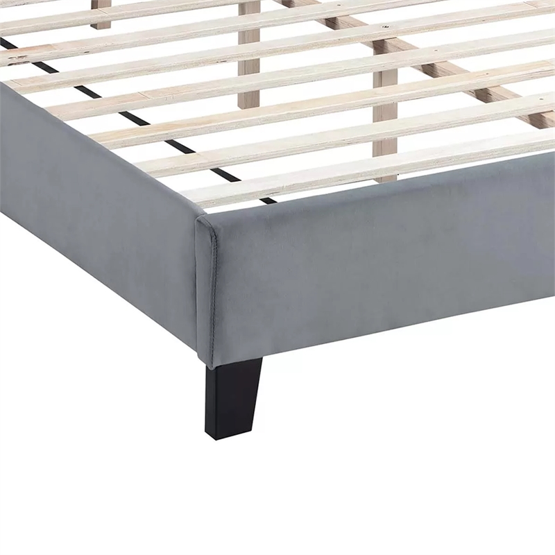 Yuko Full Platform Bed- Nailed Wingback- Gray Velvet Upholstery- Brown