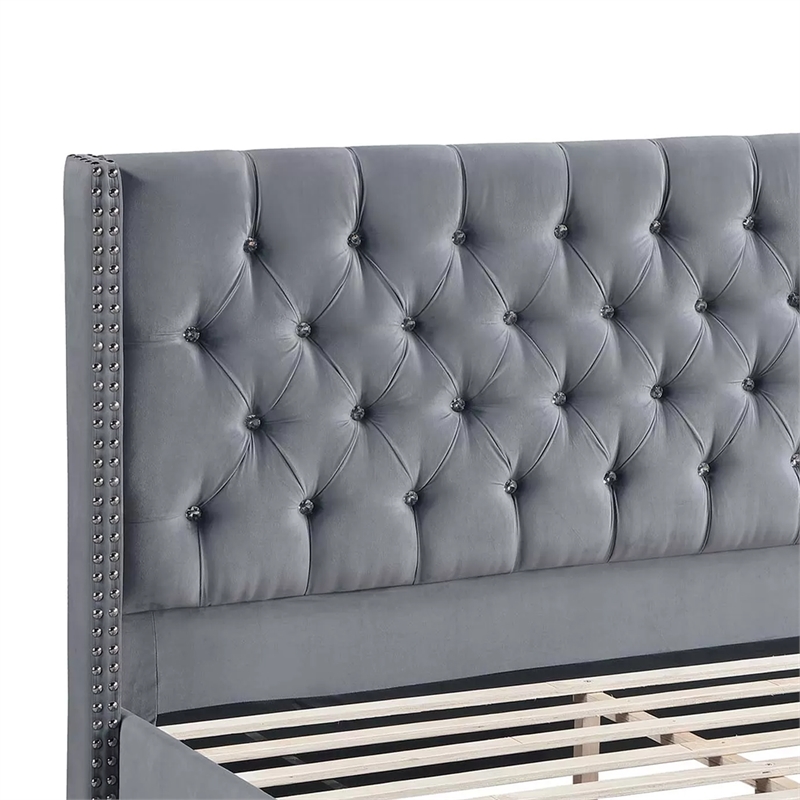 Yuko Full Platform Bed- Nailed Wingback- Gray Velvet Upholstery- Brown