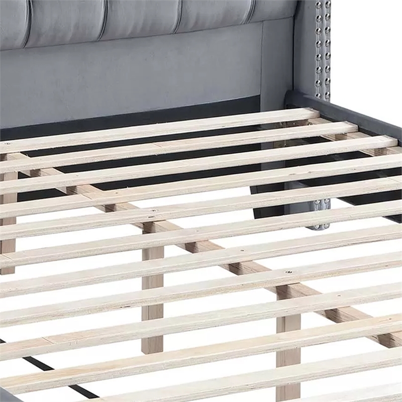 Yuko Full Platform Bed- Nailed Wingback- Gray Velvet Upholstery- Brown